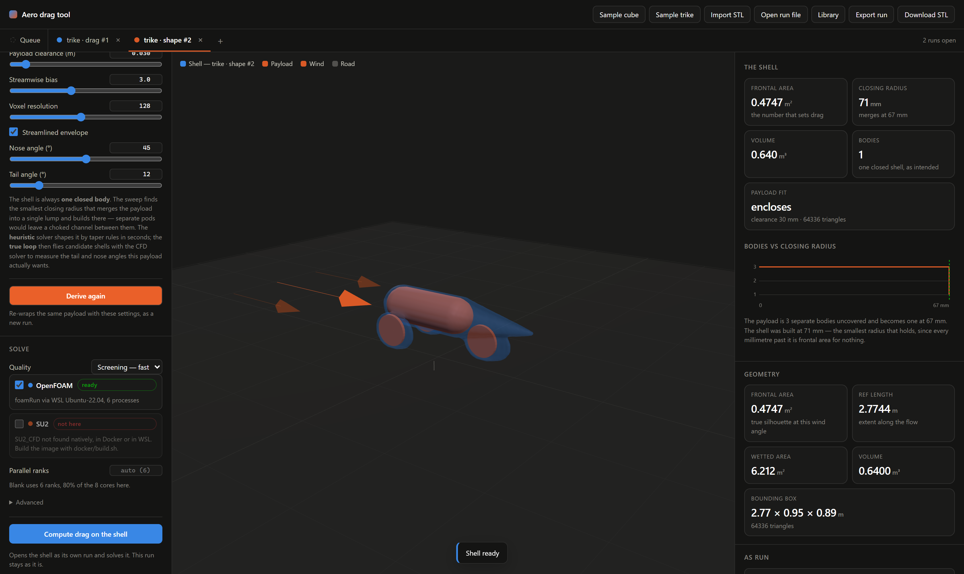 The aero drag tool GUI: an orange payload of a reclined rider envelope and three wheels, wrapped in the blue single-body shell the tool derived around it, with shell measurements on the right